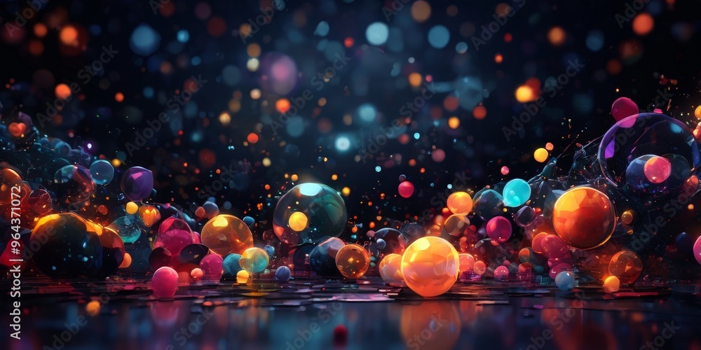 Poster a vibrant and dynamic scene of numerous colorful spheres and bubbles floating and interacting agains