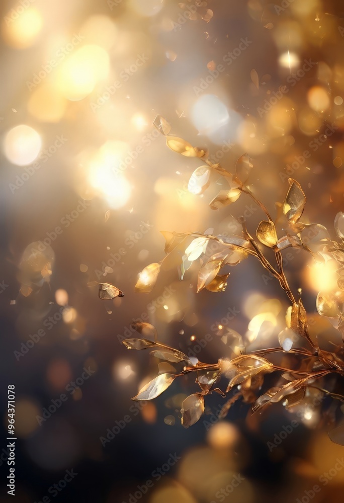 Poster close-up view of a branch with golden leaves against a dark background, creating a warm and serene a