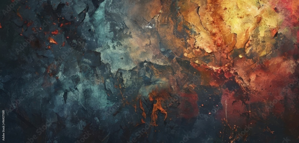 Poster an abstract painting featuring a dark, textured background with splashes of red, orange, and yellow,