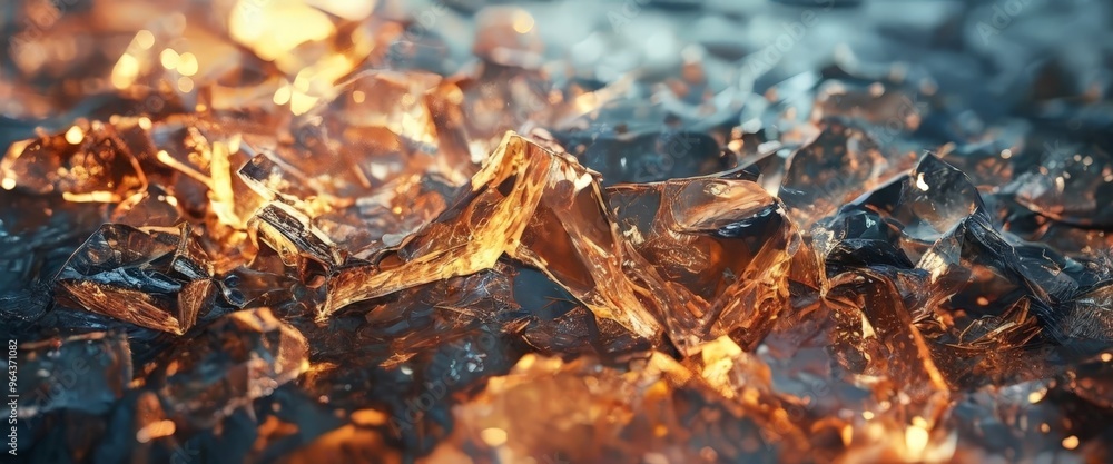 Poster a close-up view of a collection of jagged, translucent pieces of glass or ice, with a warm, fiery gl