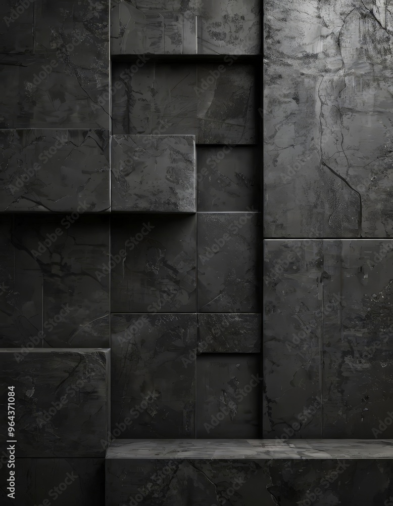 Poster a dark, textured wall composed of square tiles arranged in a grid-like pattern. the tiles vary in si