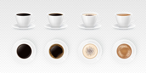 Collection of 3D realistic coffee cups and Saucer Designs for beverage product. Top and side view.
