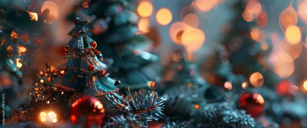 Poster a close-up view of a christmas tree adorned with red and gold ornaments, surrounded by twinkling lig