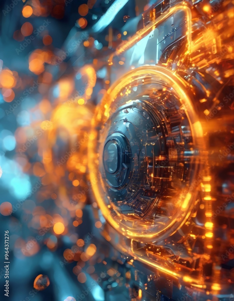 Poster close-up view of a futuristic, metallic object with a circular cutout in the center, surrounded by a