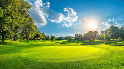  Zielona trawa pola golfowego faluje wzdłuż zakrętów, a w tle widać łagodne pagórki i drzewa.