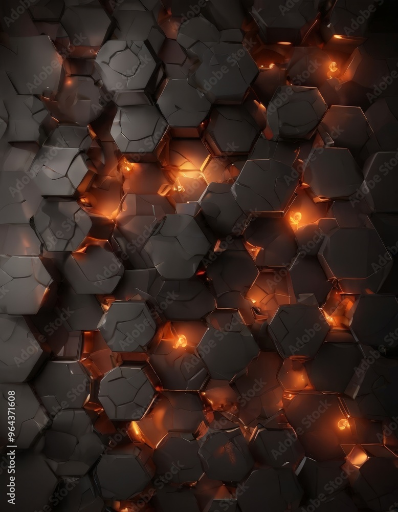 Poster dark, hexagonal pattern with a mix of black and orange colors, creating a sense of depth and texture