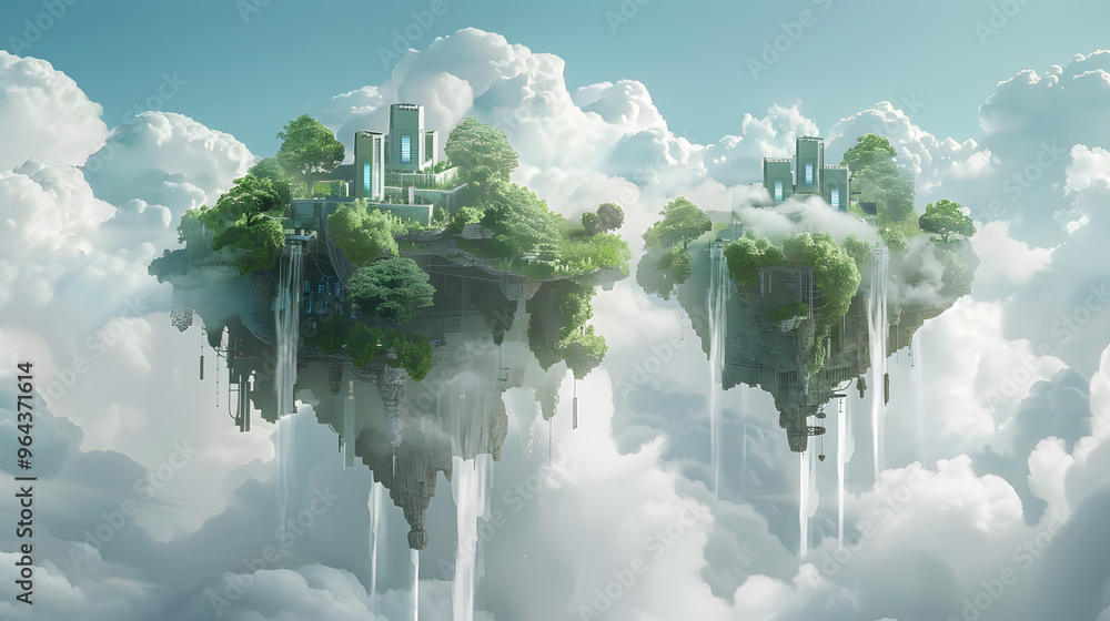 Poster floating sky islands with cloud-like supercomputers and antigravity waterfalls cascading as data str