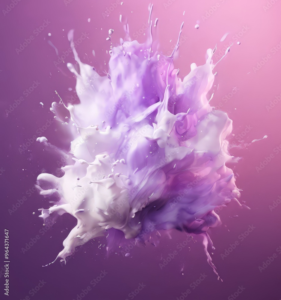 Poster a vibrant splash of purple and white paint, with the paint splashing and spreading outwards, creatin
