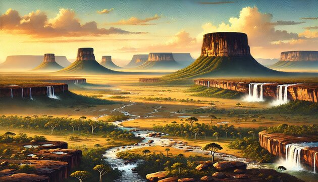 A watercolor of Gran Sabana, depicting vast grasslands, tepui mountains, waterfalls, and a golden sunset.