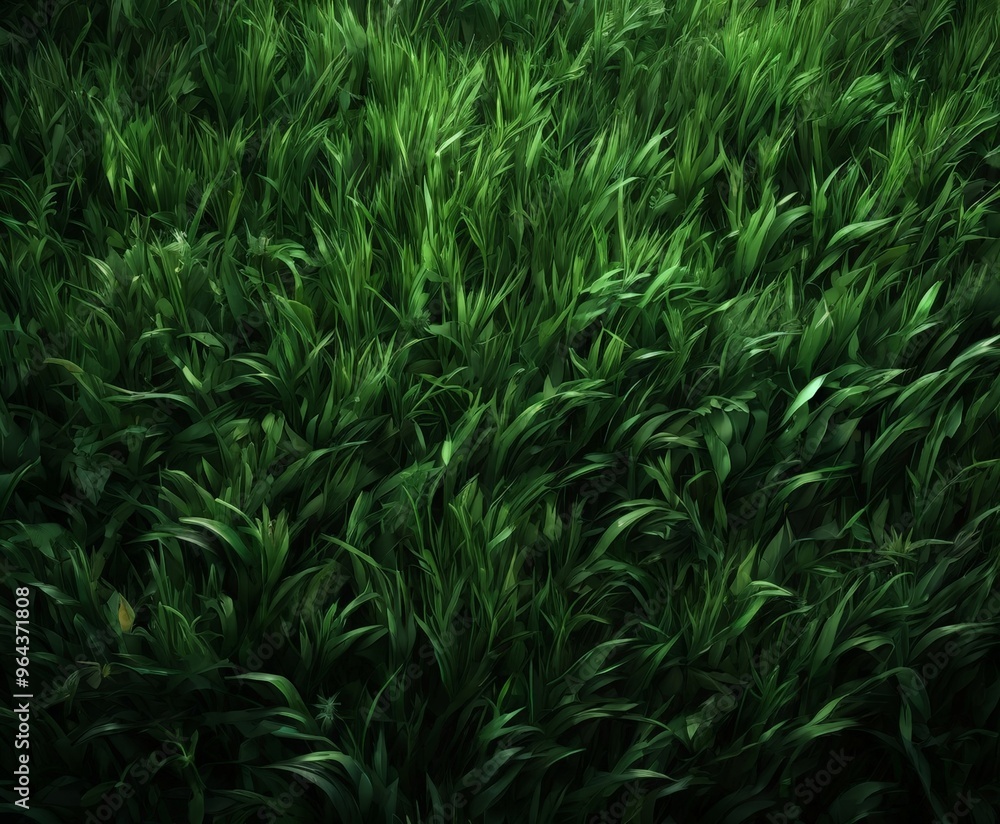 Poster a dense, lush carpet of green grass with a variety of shades and textures, creating a sense of depth