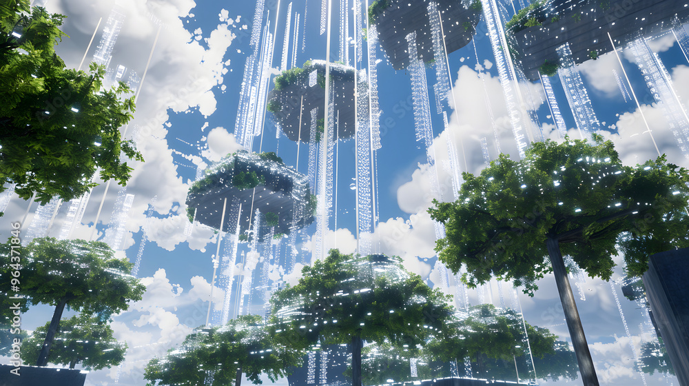 Poster floating sky islands with cloud-like supercomputers and antigravity waterfalls cascading as data str
