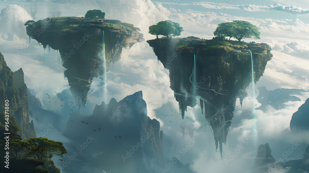 Poster floating sky islands with cloud-like supercomputers and antigravity waterfalls cascading as data str