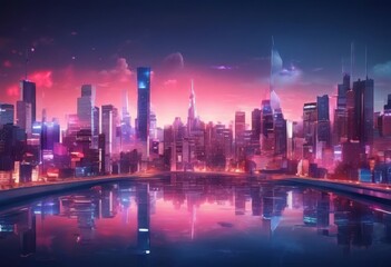 a futuristic cityscape at sunset, with tall buildings and skyscrapers reflecting in the calm waters of a river or lake. The sky is filled with vibrant hues of pink and purple,