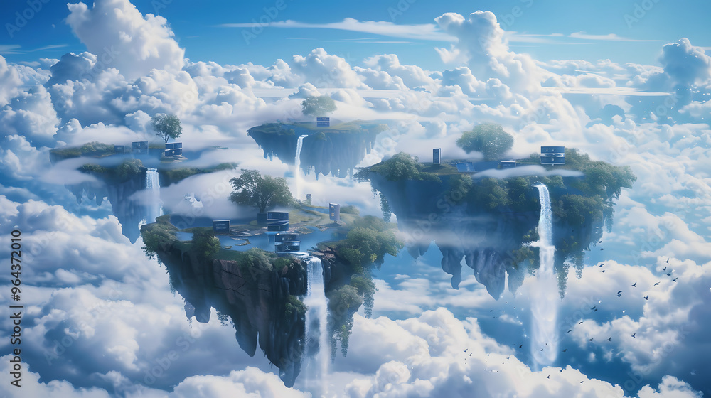 Poster floating sky islands with cloud-like supercomputers and antigravity waterfalls cascading as data str