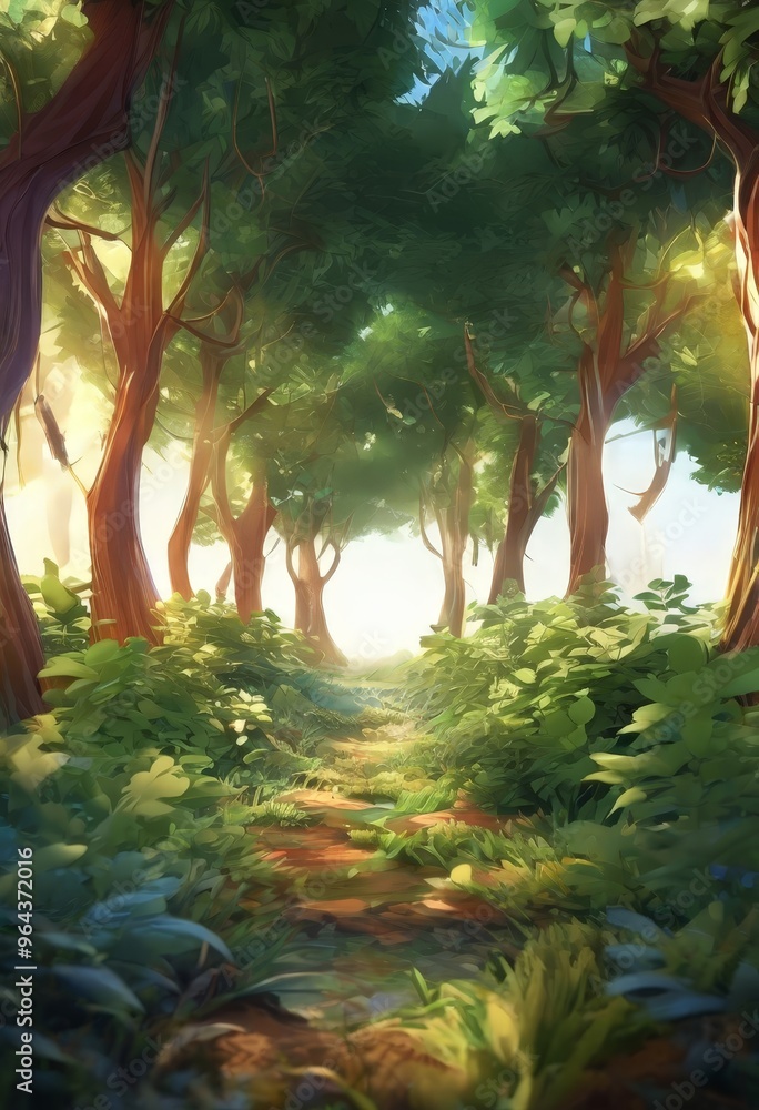Poster a winding path leads through a lush, verdant forest, with sunlight filtering through the canopy and 