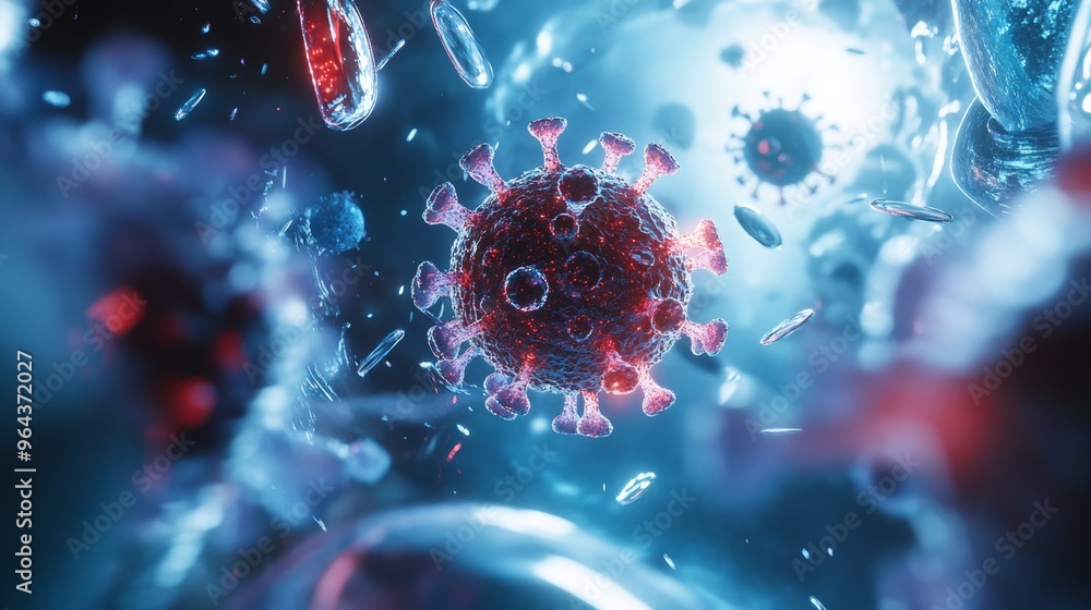 Poster microscopic close-up of a virus particle in vibrant detail, representing viral infections like monke