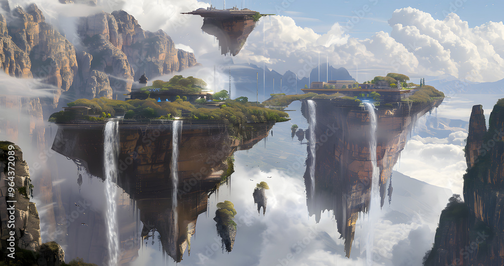 Poster floating sky islands with cloud-like supercomputers and antigravity waterfalls cascading as data str