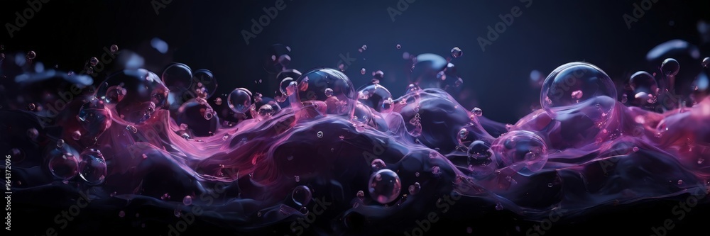 Poster a dynamic scene of numerous transparent bubbles floating and swirling in a dark background, creating