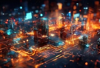 Obraz premium futuristic cityscape, with a complex network of glowing lines and lights, suggesting a digital or cybernetic environment. The city is densely populated with tall buildings, each