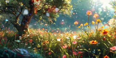 A digital painting of a lush, colorful garden with a tree in the background, surrounded by a variety of flowers and plants.