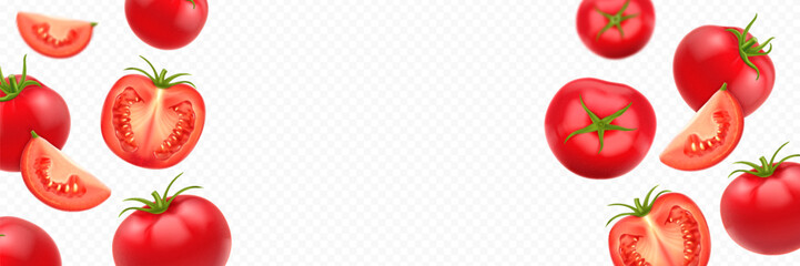 Flying realistic red fresh tomato on transparent background. Tomato slices, whole and piece in different positions with text space.