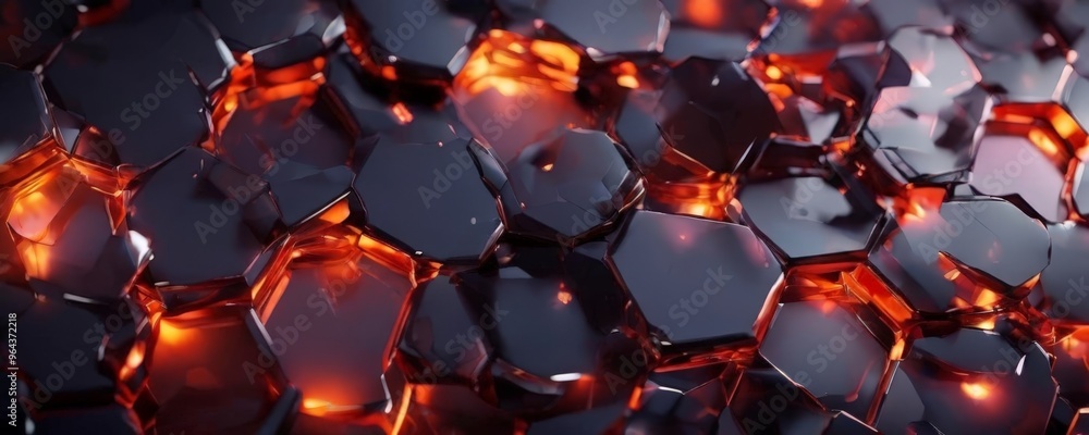 Poster a close-up view of a collection of hexagonal glass pieces arranged in a pattern, with a warm, glowin