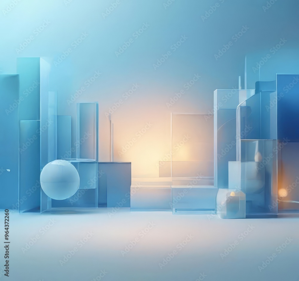 Poster futuristic cityscape composed of various transparent and translucent structures, including cubes, sp