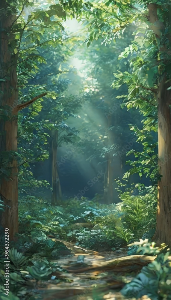 Poster a lush, verdant forest scene with sunlight filtering through the trees, casting dappled shadows and 