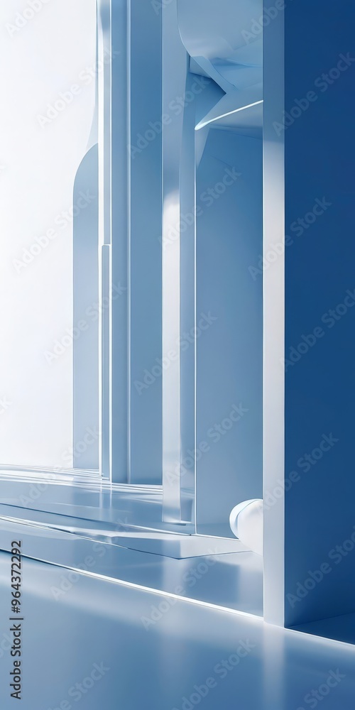 Poster minimalist architectural scene with a series of white columns and a curved wall, bathed in a soft bl