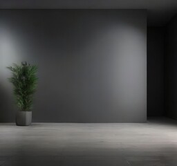 A potted palm plant stands in a gray pot on a gray floor, with a gray wall and a light source in the background.