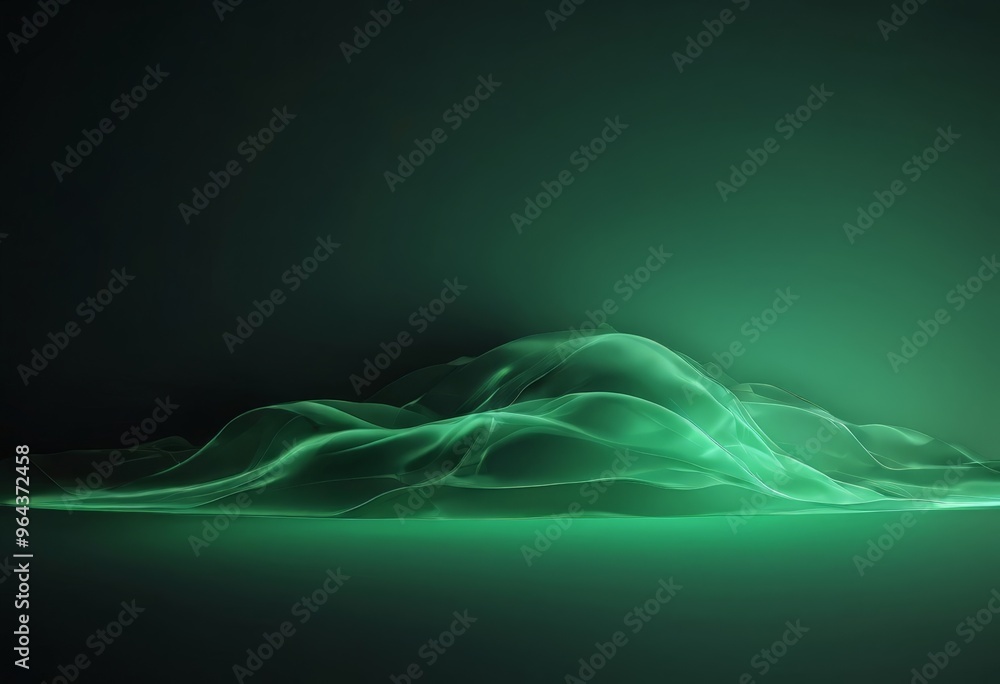 Poster a serene, abstract landscape with a mountain-like shape formed by a wave-like pattern of green and b