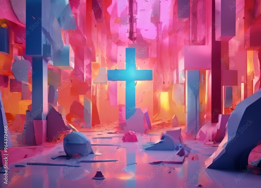 Poster a surreal, abstract scene with a large blue cross at the center, surrounded by a multitude of colorf