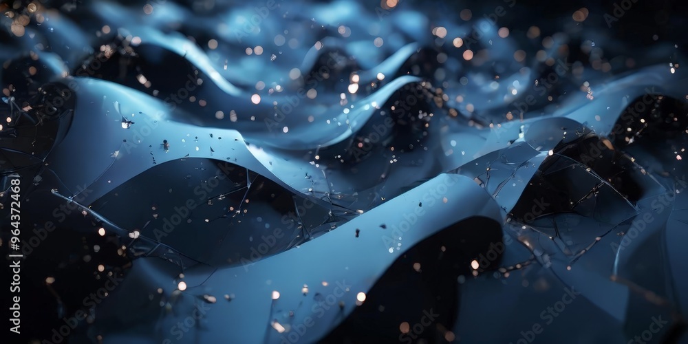 Poster a close-up view of a dark blue, wavy surface with small, glowing particles scattered throughout, cre