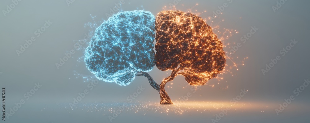 Poster digital illustration of two connected brains with blue and orange neural networks symbolizing commun