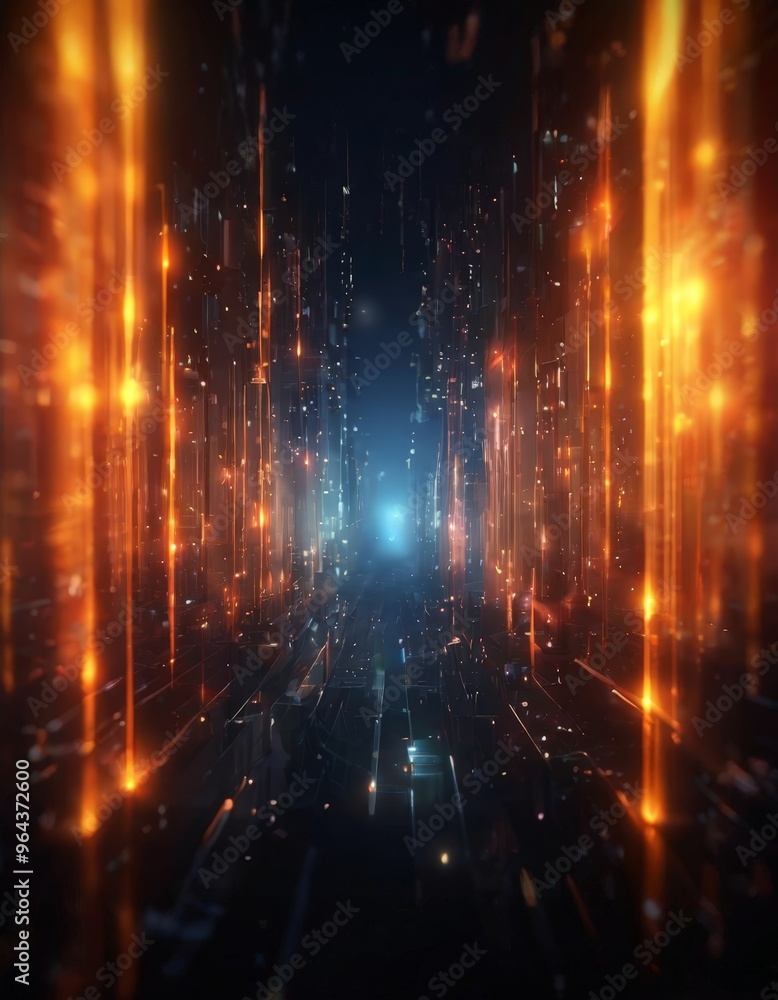 Poster a futuristic cityscape with towering structures illuminated by a myriad of orange and yellow lights,