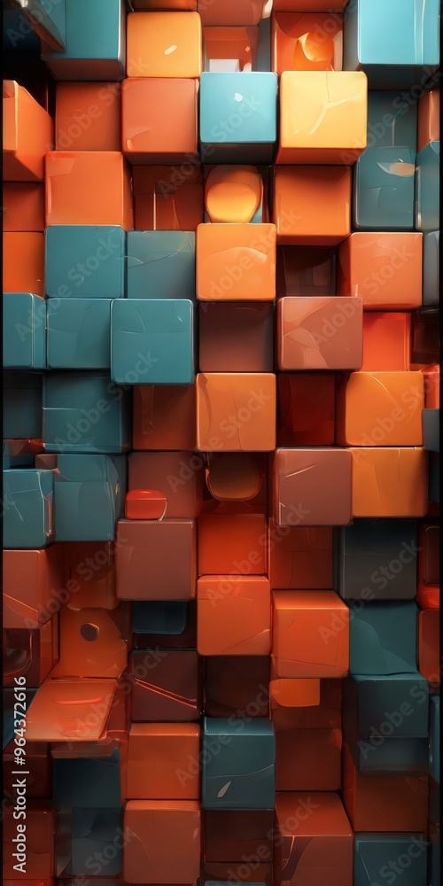 Poster a grid of colorful cubes in shades of orange, blue, and green, creating a visually striking and abst