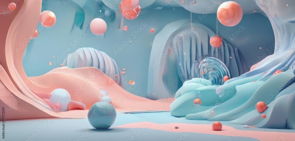 Poster a surreal, dreamlike scene with floating spheres in pastel colors, creating a sense of movement and 