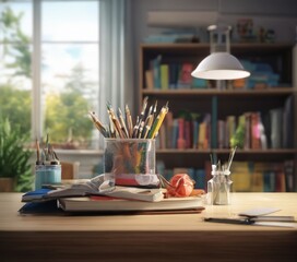 A wooden desk with various office supplies, including a metal pencil holder filled with pencils, a stack of books, and a small vase with a flower, set against a blurred