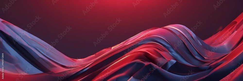 Poster dynamic abstract composition of curved lines in shades of red and blue, set against a dark red gradi