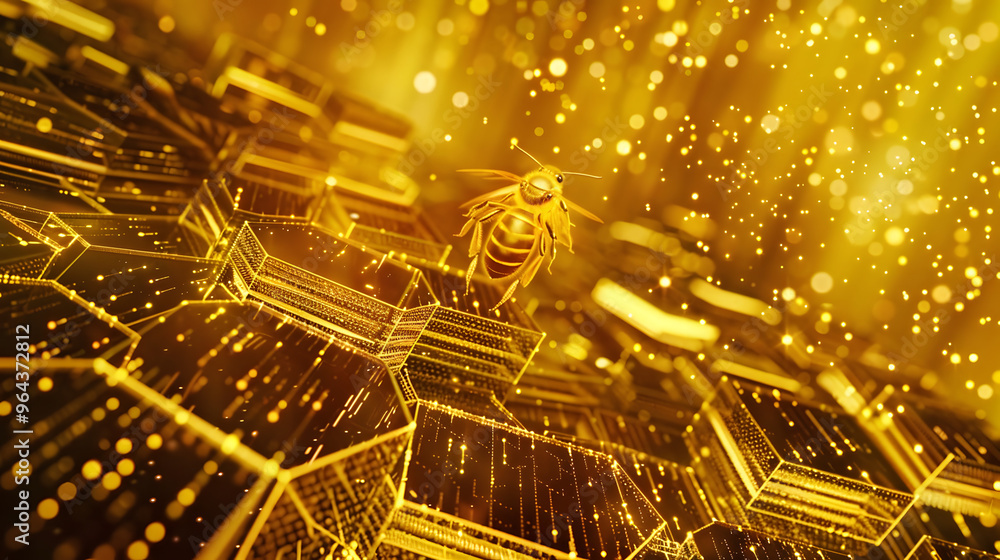 Poster futuristic beehive interior and hexagonal cells operating as quantum computers and pollen particles 