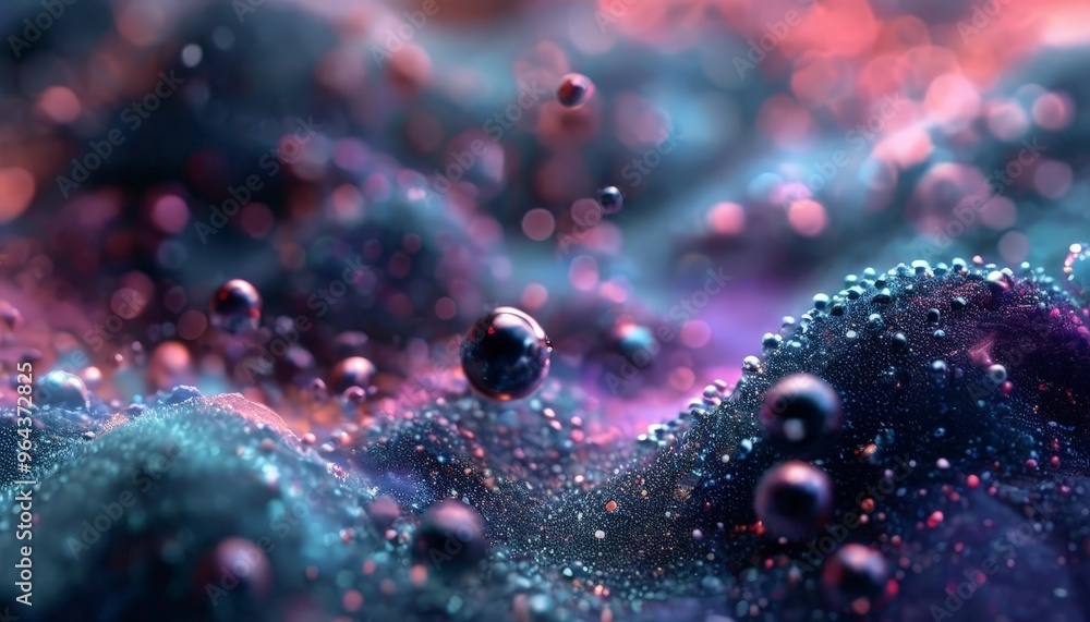 Poster a close-up of a textured surface with numerous small spheres, some of which appear to be spheres of 