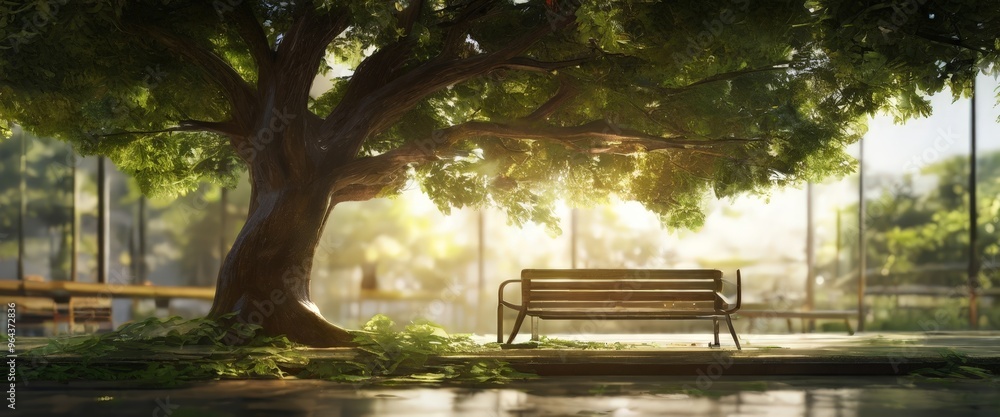 Poster a wooden bench sits under a large tree, its branches spreading out to provide shade and a sense of t