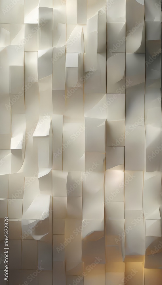 Poster a geometric pattern composed of white cubes arranged in a grid-like fashion, with some cubes illuminated by a warm yellow light, creating a visually striking contrast.