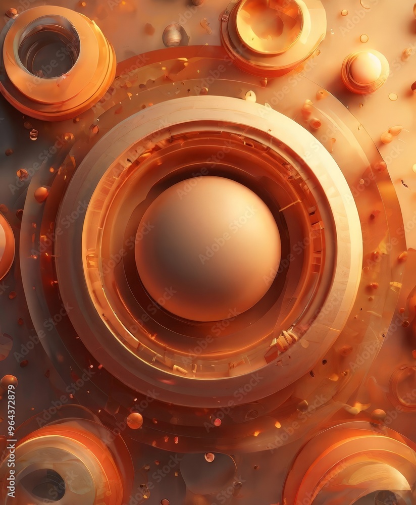 Poster a spherical object surrounded by a circular pattern of orange and brown spheres, creating a visually