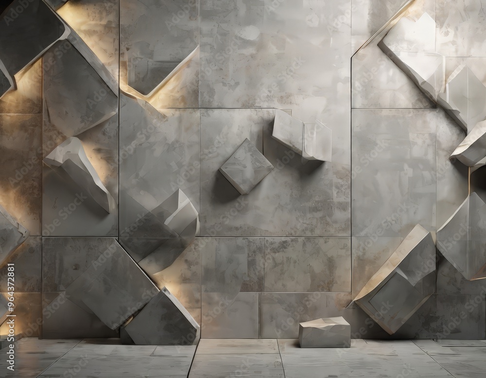 Poster a modern, minimalist interior design featuring a concrete wall with a geometric pattern of cubes and