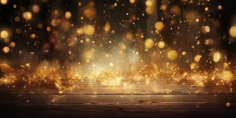 a wooden surface with golden glittering particles scattered across it, creating a sense of movement and energy. The background is dark, with a bokeh effect of golden lights,