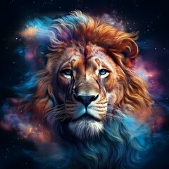 mixed art lion and powder paint; abstract sea in space