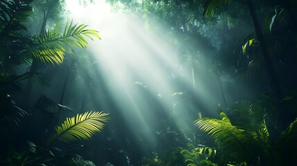 Obraz premium Sunlight Beams Through Dense Rainforest Canopy