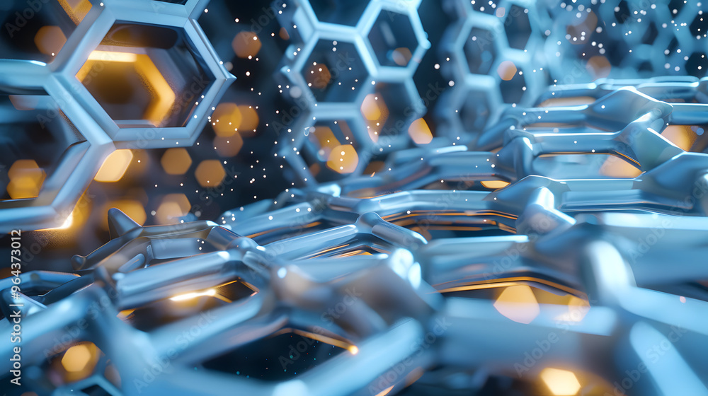 Poster futuristic beehive interior and hexagonal cells operating as quantum computers and pollen particles 