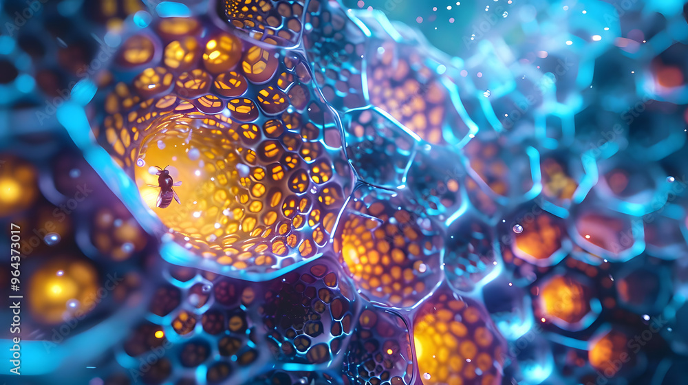 Aufkleber futuristic beehive interior and hexagonal cells operating as quantum computers and pollen particles 